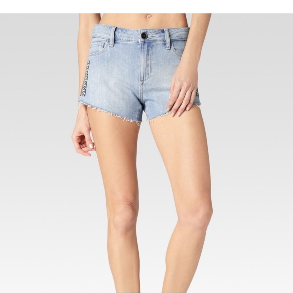 Paige Light Wash Denim Cut-Off Shorts with Embroidered Chevron Detail‎ Size 27